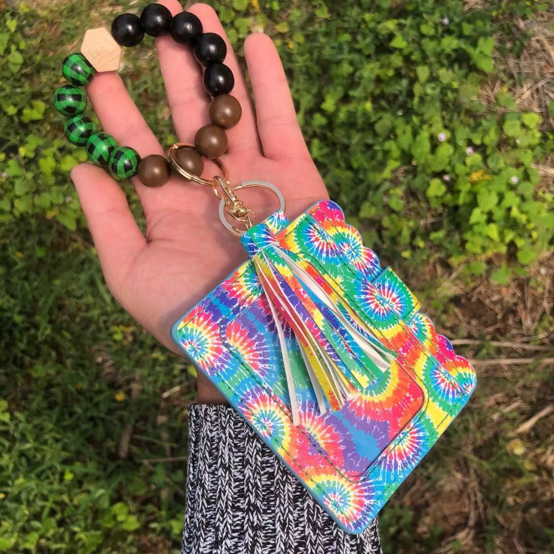 Wholesale Christmas Colorful Beads PU Tassel Bracelet Coin Purse Keychain